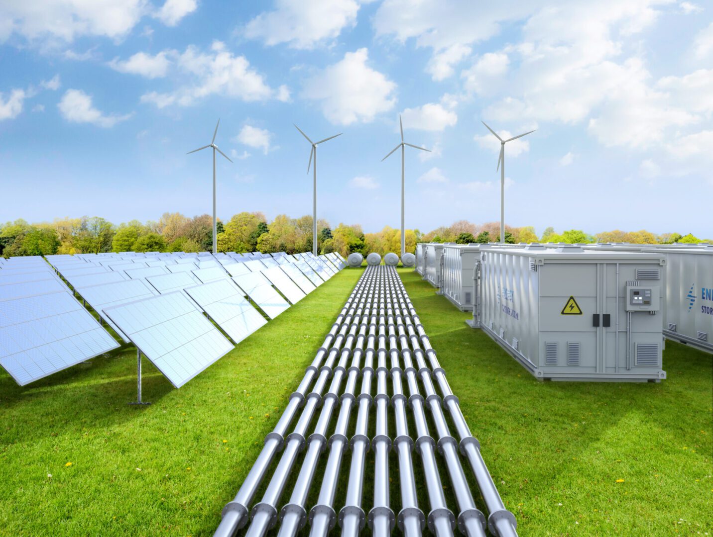Solar panels and wind turbines in field.