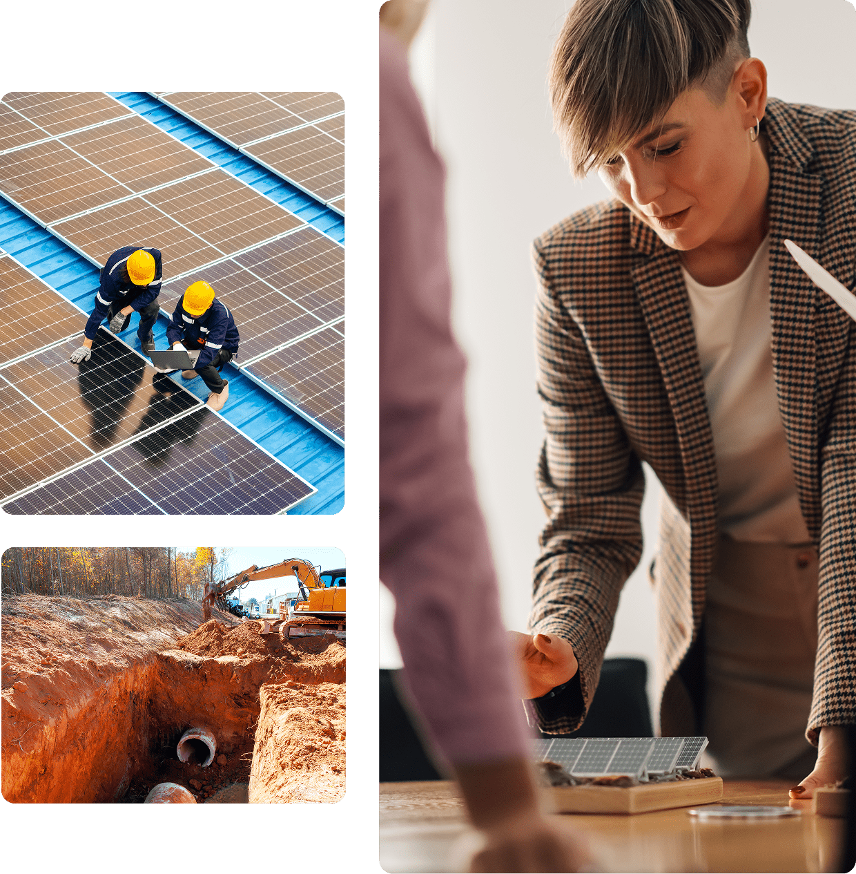 Solar panels, construction, and office planning discussion.