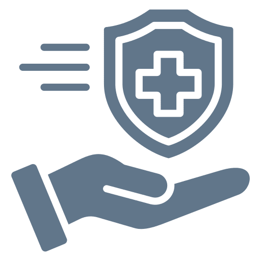 Hand supporting a medical shield icon.
