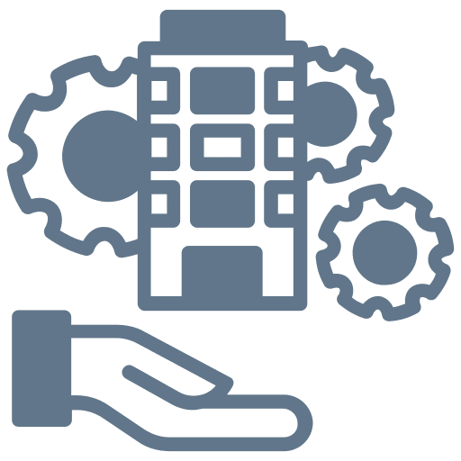 Hand, gears, building icon on black background.